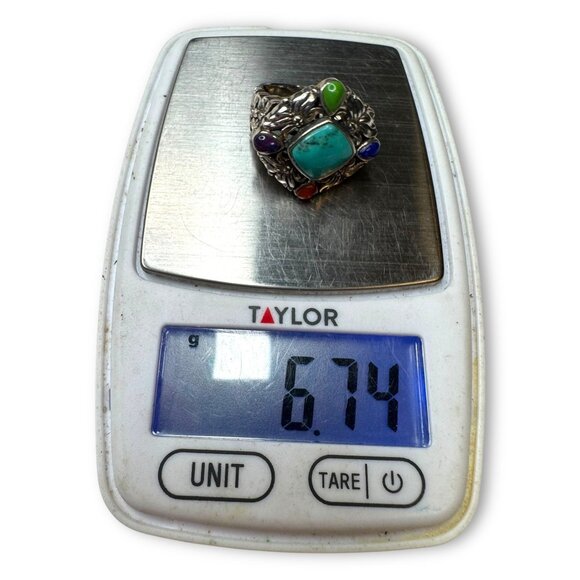 Sterling Silver Multi-Stone Ring Turquoise Lapis Purple Spiny Oyster - Picture 14 of 14